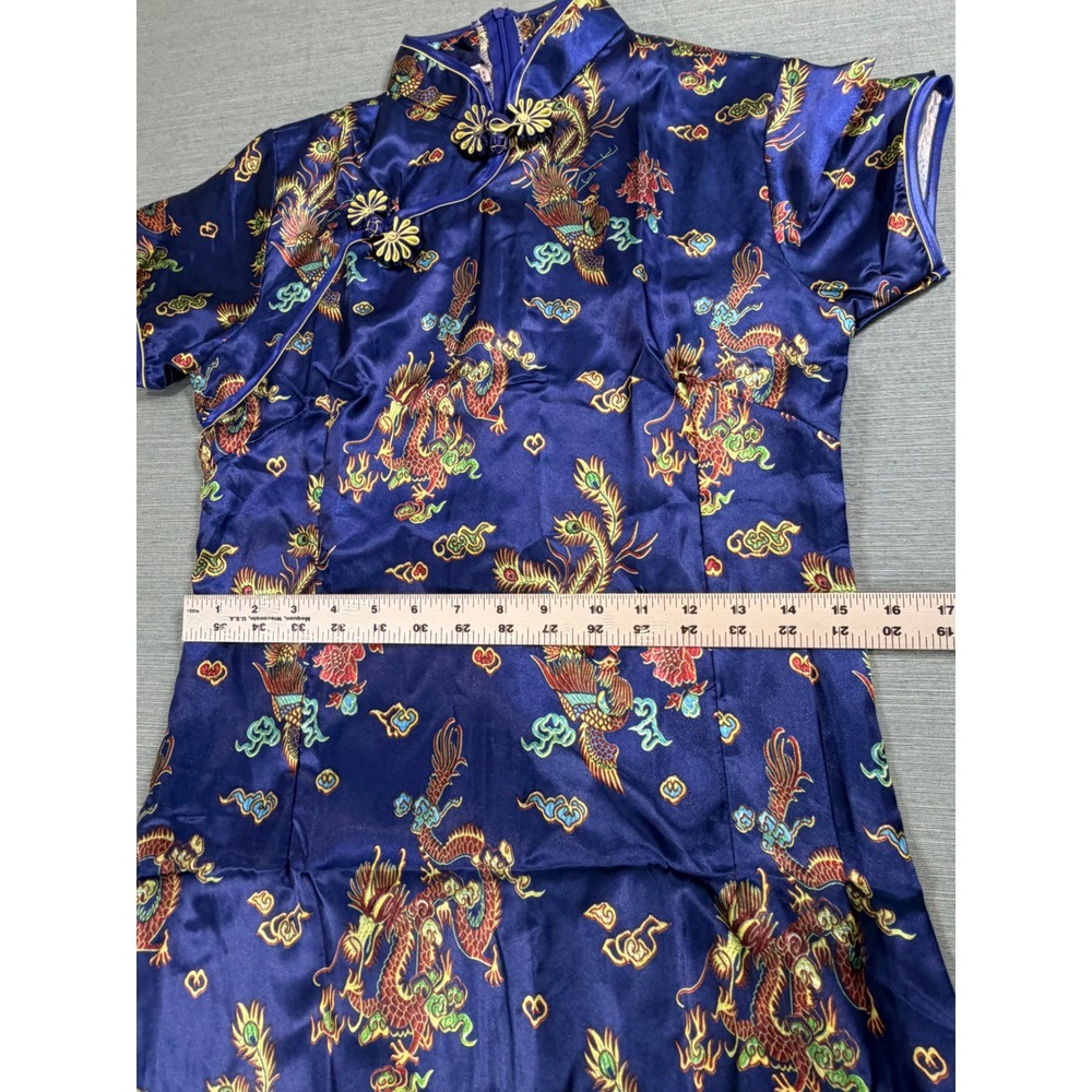 Hong Shang Jia Blue Dragon Phoenix Satin Cheongsam Qipao Maxi Dress XL - Picture 4 of 9
